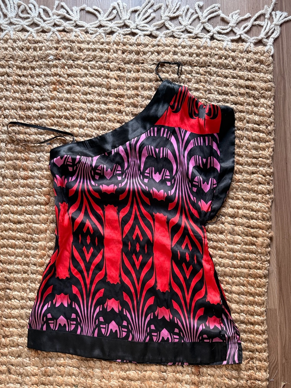 Vintage y2k 100% silk bebe Red, Purple and Black Abstract One-Shoulder Top